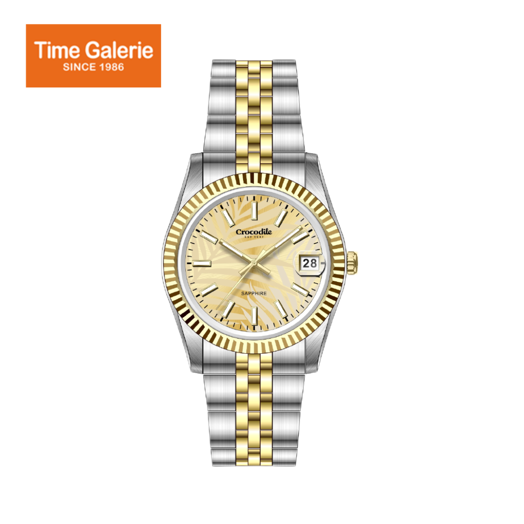 Crocodile Silver Stainless Steel Strap Gold Dial