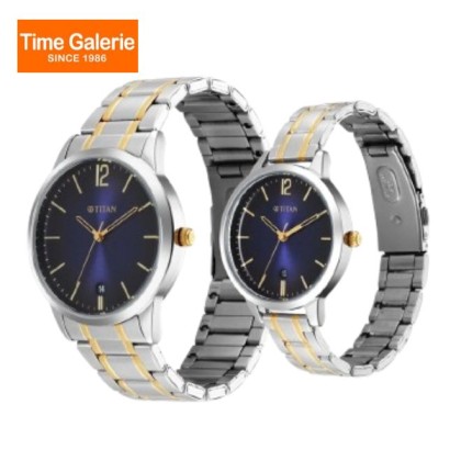 Titan Bandhan 18062617BM01 Analog with Date Blue Dial Stainless Steel Strap Quartz Couple Watch