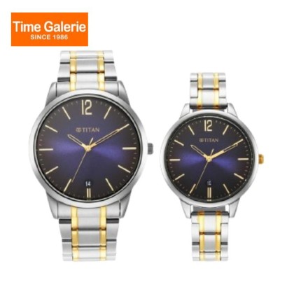 Titan Bandhan 18062617BM01 Analog with Date Blue Dial Stainless Steel Strap Quartz Couple Watch