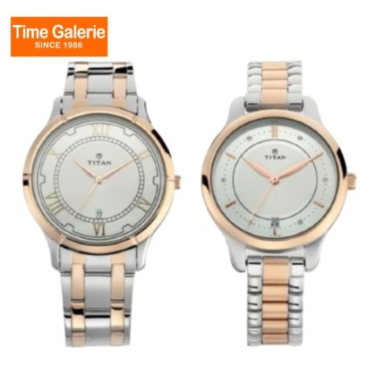 Titan Bandhan 17752481KM01 Analog with Date Silver Dial Stainless Steel Strap Quartz Couple Watch