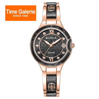 Bonia Women Elegance Black Dial Rose Gold Stainless Steel Strap BNB10860-2535 Analog Watch & Gift Set