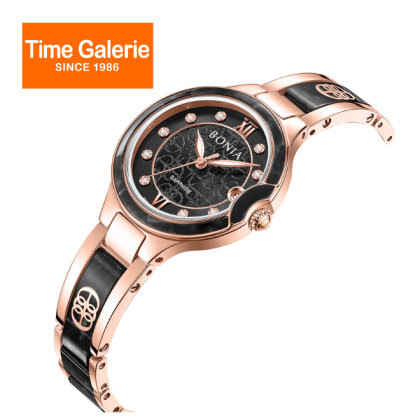 Bonia Women Elegance Black Dial Rose Gold Stainless Steel Strap BNB10860-2535 Analog Watch & Gift Set