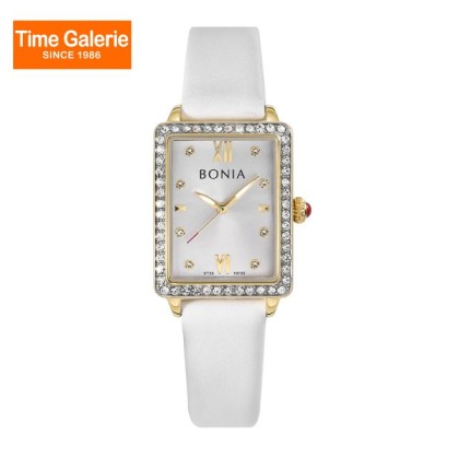 Bonia Elegance BNB10722-2217S Silver Dial White Leather Strap Analog Women Watch