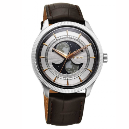 Titan Stellar 10050SL01 Dual Moon Phase Silver Dial Leather Strap Quartz Men Analog Watch Titan Stellar 10050SL01 Dual Moon Phase Silver Dial Leather Strap Quartz Men Analog Watch