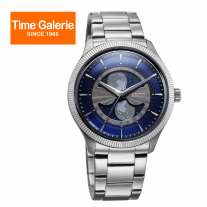 Titan Stellar 10050SM01 Dual Moon Phase Blue Dial Stainless Steel Strap Quartz Analog Men Watch