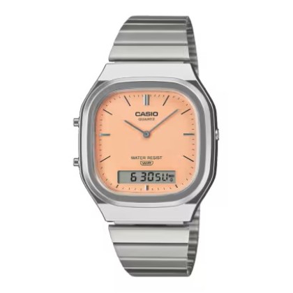 Casio Vintage AQ-240E-4A Orange Dial Stainless Steel Unisex Watch 