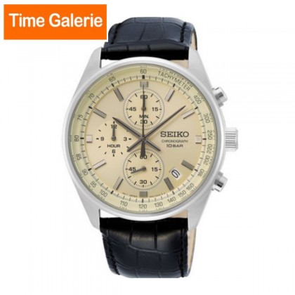 Seiko SEIWSSB383P1 Quartz Chronograph Cream Dial Hardlex Crystal Glass Black Leather Strap Men's Watch 