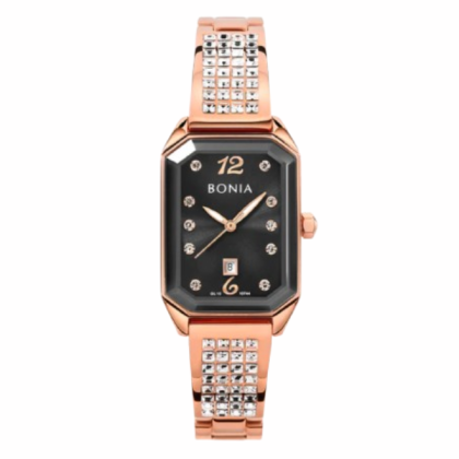 Bonia BNB10744-2535Rose Gold Stainless Steel Strap with Black Dial Analog Women Watch