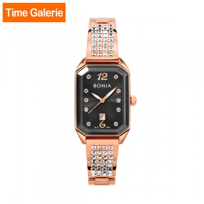 Bonia BNB10744-2535Rose Gold Stainless Steel Strap with Black Dial Analog Women Watch