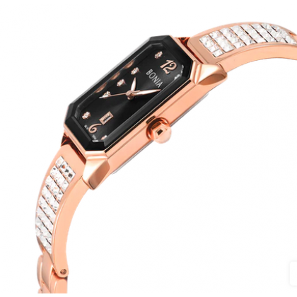 Bonia BNB10744-2535Rose Gold Stainless Steel Strap with Black Dial Analog Women Watch