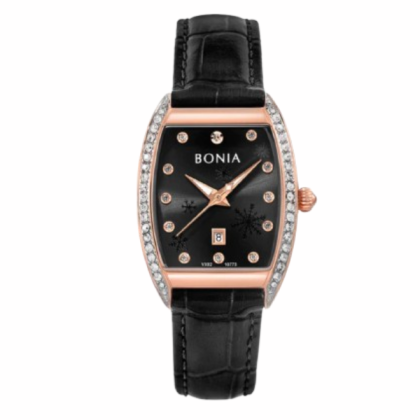 Bonia Snow Flakes Pattern BNB10773-2537S Black Leather Strap Women Watch