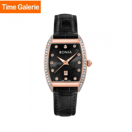 Bonia Snow Flakes Pattern BNB10773-2537S Black Leather Strap Women Watch