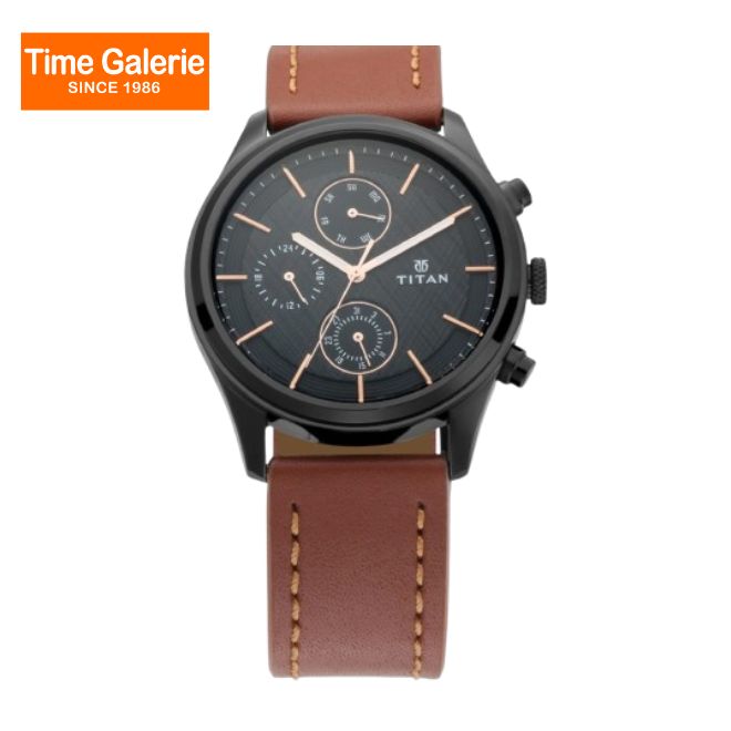 Titan Workwear 1805NL01 Black Dial Multifunction Leather Strap Quartz ...